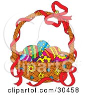 Poster, Art Print Of Red Ribbon On The Handle Of A Basket Of Colorful Easter Eggs
