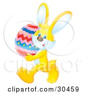 Clipart Illustration Of An Adorable Yellow Easter Bunny Carrying A Big Colorful Easter Egg