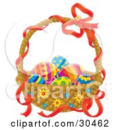 Poster, Art Print Of Colorful Eggs Nestled In An Easter Basket With A Red Ribbon On The Handle
