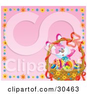 Clipart Illustration Of A Happy Waving Bunny Rabbit With A Basket Of Colorful Eggs In The Corner Of A Pink Background Bordered By Colorful Bursts
