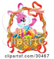 Poster, Art Print Of Pink Easter Bunny Standing Behind A Basket Of Colorful Eggs