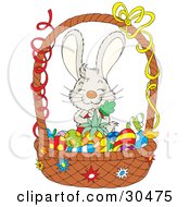 Poster, Art Print Of Adorable Gray Bunny Rabbit Hugging A Carrot And Standing Behind A Basket Of Colored Fruits And Veggies