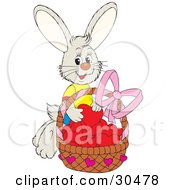 Poster, Art Print Of Sweet Bunny Rabbit Wearing A T Shirt Putting Red Hearts In A Basket Of Valentines