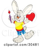 Poster, Art Print Of Happy Bunny Rabbit Dressed In Clothes Holding A Paintbrush And A Red Heart Valentine