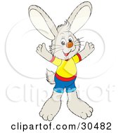 Friendly Bunny Dressed In Shorts And A Shirt Holding His Arms Out