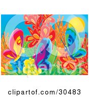 Clipart Illustration Of A Group Of Three Social Butterflies On Colorful Flowers In A Garden On A Sunny Day