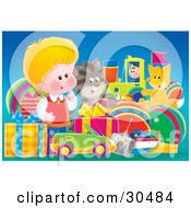 Poster, Art Print Of Cute Little Blond Boy A Cat And Fox Admiring A Large Group Of Birthday Presents