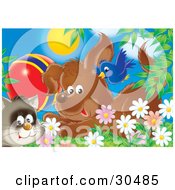 Poster, Art Print Of Blue Bird Flying Over A Puppy Dog And A Cat With A Ball In A Field Of Spring Daisy Flowers