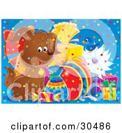 Poster, Art Print Of Bluebird And Happy Brown Puppy Dog Surrounded By Confetti And Birthday Presents