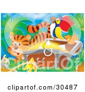Clipart Illustration Of A Tiger By An Orange Bird Flying By A Parrot Perched On A Treasure Chest Full Of Gold And Diamonds by Alex Bannykh