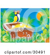 Blue And Yellow Parrot Perched Atop An Open Treasure Chest Full Of Diamonds And Gold Coins