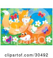 Poster, Art Print Of Two Playful Fox Kits Chasing Butterflies In A Field Of Daisy Flowers On A Spring Day