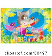 Clipart Illustration Of A Purple Bird Flying By A Cute Baby Fox Waving While Opening Birthday Presents