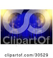 Clipart Illustration Of Yellow Spotlights And Star Patterns Sparkling On An Empty Stage With Closed Blue Curtains by Frog974 #COLLC30529-0066