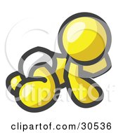 Poster, Art Print Of Yellow Baby In A Diaper Crawling On The Floor On A White Background