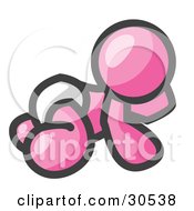 Poster, Art Print Of Pink Baby In A Diaper Crawling On The Floor On A White Background