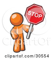 Clipart Illustration Of An Orange Man Holding A Red Stop Sign
