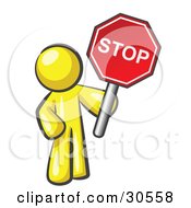Poster, Art Print Of Yellow Man Holding A Red Stop Sign