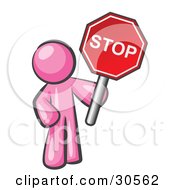 Clipart Illustration Of A Pink Man Holding A Red Stop Sign