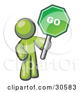 Poster, Art Print Of Olive Green Man Holding Up A Green Go Sign On A White Background