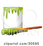 Poster, Art Print Of Wood Handled Paintbrush With Green Paint On The Bristles Resting In Front Of A Can Of Green Paint