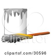 Poster, Art Print Of Wood Handled Paintbrush With Gray Paint On The Bristles Resting In Front Of A Can Of Gray Paint