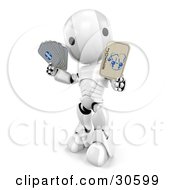 Clipart Illustration Of A Silver And White AO Maru Robot Holding A Joker Playing Card