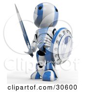Blue Ao-Maru Robot Warrior Looking Off And Standing With A Shield And Sword