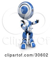 Poster, Art Print Of Blue And White Ao-Maru Robot Standing And Facing To The Right As If Presenting Something