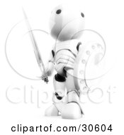 Clipart Illustration Of A Shining White AO Maru Robot Standing And Looking Off Holding A Sword And A Shield
