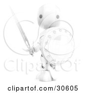 Clipart Illustration Of A Brightly Glowing White AO Maru Robot Holding A Sword And Shield