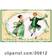 Vintage Victorian St Patricks Day Scene Of A Happy Young Irish Couple Dressed In Green And Dancing Circa 1909