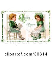 Vintage Victorian St Patricks Day Scene Of An Irish Boy And Girl Dressed In Green And Sitting In Chairs Across From Each Other Circa 1911