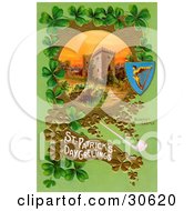 Poster, Art Print Of Vintage Victorian St Patricks Day Scene Of Irelands Blarney Castle Surrounded By Gold And Green Clovers Circa 1910