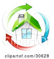 Poster, Art Print Of Circle Of Green Blue And Red Arrows Around A Small White House With A Green Roof