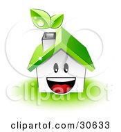 Clipart Illustration Of A Happy House Character With A Green Roof And Leaves Emerging From The Chimney