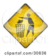 Poster, Art Print Of Yellow Warning Sign With A Person Tossing Garbage In A Trash Can