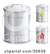 Set Of Three Metal Trash Bins With Handles On The Lids One With A Green Arrow And One With A Red Arrow
