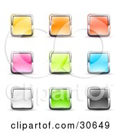 Set Of Nine Yellow Pink White Orange Green Red Blue And Black Square Button Icons Bordered In Chrome