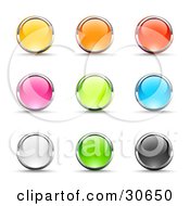 Clipart Illustration Of A Set Of Nine Yellow Pink White Orange Green Red Blue And Black Button Icons Circled In Chrome by beboy
