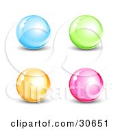 Poster, Art Print Of Set Of Four Blue Green Orange And Pink Shiny Marbles Or Orbs