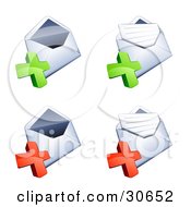 Clipart Illustration Of A Set Of Four Open Envelopes With Green And Red Plus Marks by beboy