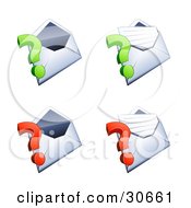Poster, Art Print Of Set Of Four Open Envelopes With Green And Red Question Marks