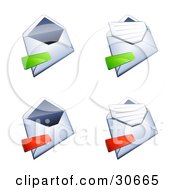 Poster, Art Print Of Set Of Four Open Envelopes With Green And Red Minus Marks