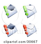Poster, Art Print Of Set Of Four Open Envelopes With Green And Red Exclamation Points