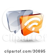 Clipart Illustration Of A 3d Orange RSS Chat Box In Front Of A Blue Speech Balloon by beboy