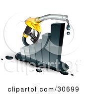 Poster, Art Print Of Dripping Yellow Petrol Pump Nozzle Emerging From A Black Increasing Bar Graph