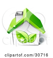 Poster, Art Print Of Two Green Dewy Leaves On The Side Of A Small Home With A Green Roof