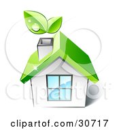 Poster, Art Print Of Leaves Above The Chimney Of A Little White House With A Big Window And Green Roof