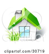 Poster, Art Print Of Green Grass Growing In Front Of A Small White House With A Large Window And Green Roof